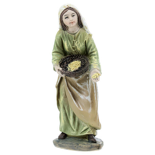 Pastora com galo e galinha resina colorida para presépio de 12 cm 2