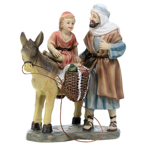 Pastor com menino em um burro resina colorida para presépio de 12 cm 1