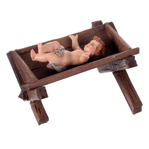 Sacra Famiglia Gesù Bambino culla legno dipinto presepe 12 cm Mahlknecht Val Gardena 2