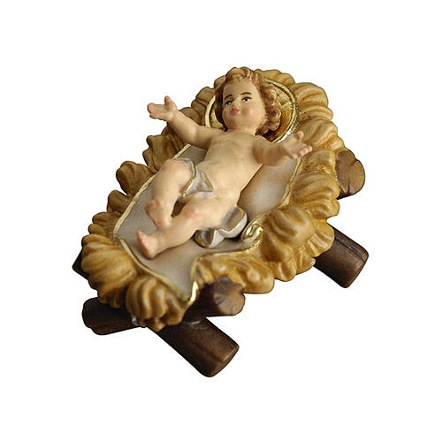 Infant Jesus with crib of Val Gardena painted wood for 12 cm Mahlknecht Nativity Scene 1