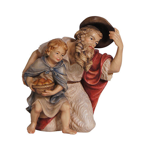 Shepherd on his knees with child, Mahlknecht Nativity Scene statue of 9.5 cm, Val Gardena painted wood 1