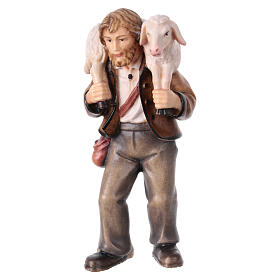 Shepherd with sheep on the shoulders, painted wood character for Val Gardena Mahlknecht Nativity Scene of 12 cm