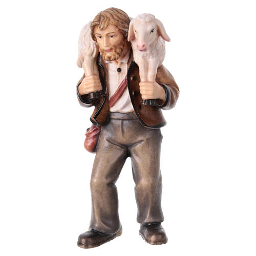 Shepherd with sheep on the shoulders, painted wood character for Val Gardena Mahlknecht Nativity Scene of 12 cm 1