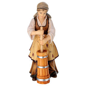 Country woman with a barrel of butter, painted wood character for Val Gardena Mahlknecht Nativity Scene of 12 cm