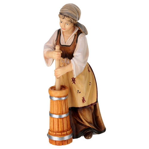 Country woman with a barrel of butter, painted wood character for Val Gardena Mahlknecht Nativity Scene of 12 cm 3