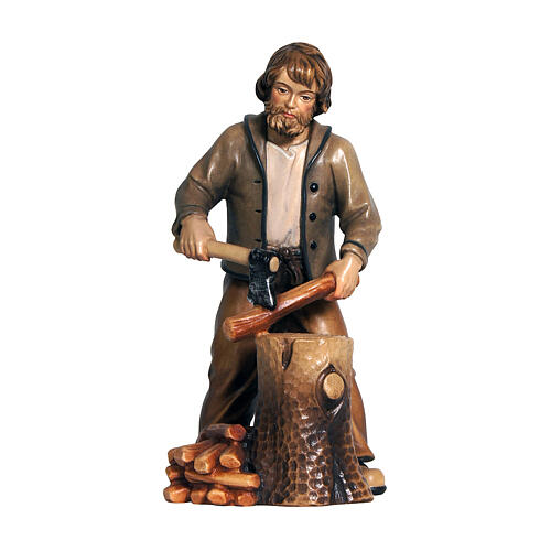 Lumberjack cutting wood, Val Gardena painted wood, 9.5 cm Mahlknecht Nativity Scene 1