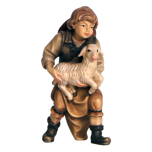 Enfant avec agneau à bras bois peint 12 cm crèche Mahlknecht Val Gardena 1