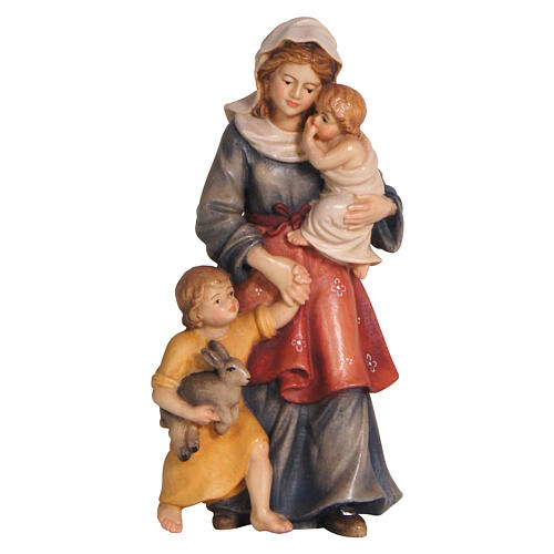 Woman with children, painted wood character for Val Gardena Mahlknecht Nativity Scene of 12 cm 1