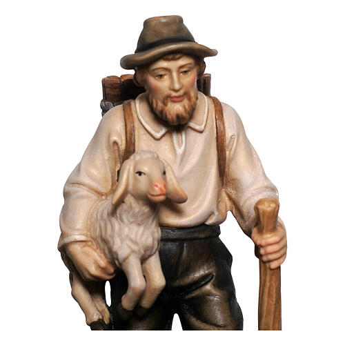 Shepherd with sheep and staff for 12 cm Mahlknecht Nativity Scene, painted wood, Val Gardena 2