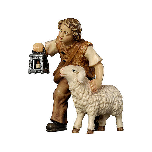 Menino com ovelha e lanterna madeira pintada Val Gardena 9,5 cm presépio Mahlknecht 1