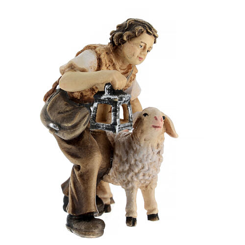 Enfant avec mouton et lanterne crèche Mahlknecht bois peint Val Gardena 12 cm 3