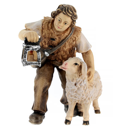 Bambino con pecora e lanterna presepe Mahlknecht 12 cm legno dipinto Val Gardena 1