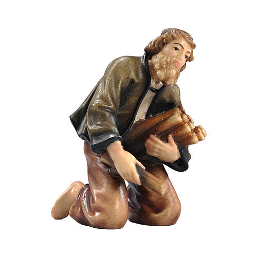 Shepherd kneeling by a fire colored wood 9.5 cm Mahlknecht Val Gardena nativity 1