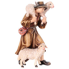 Shepherd with two sheeps, painted wood of Val Gardena, Mahlknecht Nativity Scene of 9.5 cm