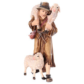 Shepherd with two sheeps, painted wood of Val Gardena, Mahlknecht Nativity Scene of 9.5 cm