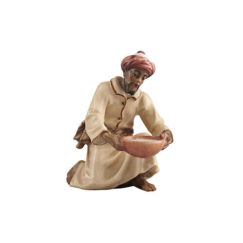 Cammelliere inginocchiata con scodella d'acqua legno dipinto 12 cm presepe Mahlknecht Val Gardena 1