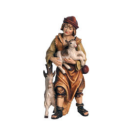Shepherd with two goats 9.5 cm colored wood Mahlknecht Val Gardena nativity scene