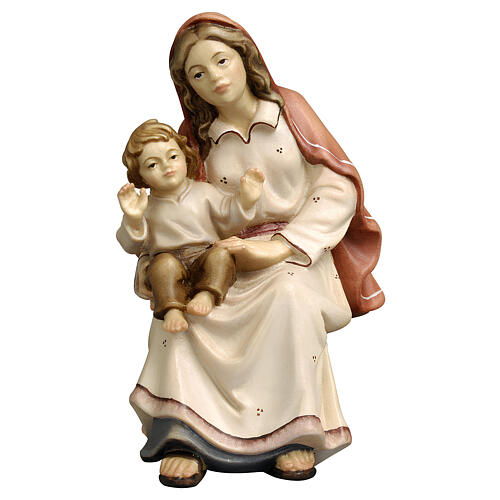 Donna seduta con bambino 12 cm presepe Mahlknecht Val Gardena legno dipinto 1