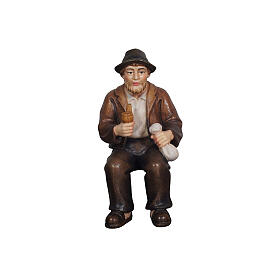 Grandfather with his pipe, painted wood figurine for 9.5 cm Mahlknecht Nativity Scene, Val Gardena