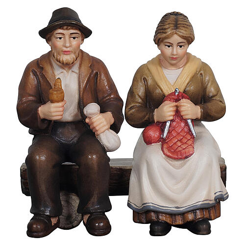 Großmutter und Großvater auf Bank, Holz coloriert, für 9,5 cm Mahlknecht-Krippe, Grödner Kunsthandwerk 1