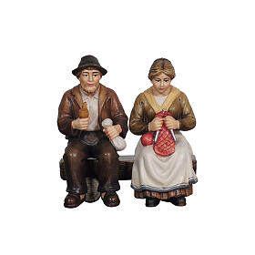 Grandparents on a bench, painted wood figurine for 9.5 cm Mahlknecht Nativity Scene, Val Gardena