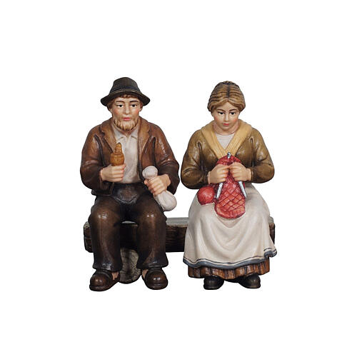 Grandparents on a bench, painted wood figurine for 9.5 cm Mahlknecht Nativity Scene, Val Gardena 1