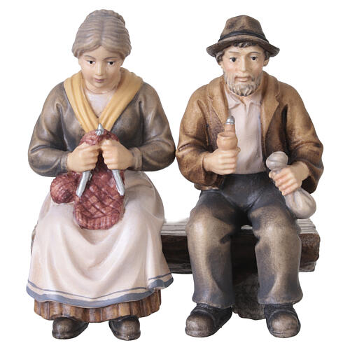 Großmutter und Großvater auf Bank, Holz coloriert, für 12 cm Mahlknecht-Krippe, Grödner Kunsthandwerk 1