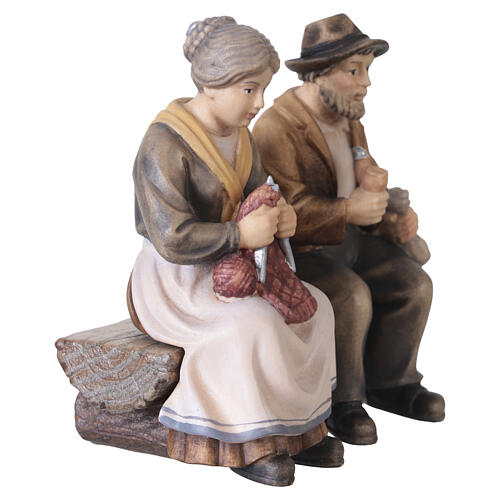 Nonna e nonno su panca Mahlknecht presepe 12 cm legno dipinto Val Gardena  4