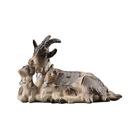 Capra sdraiata e due caprette legno dipinto presepe Mahlknecht 9,5 cm Val Gardena