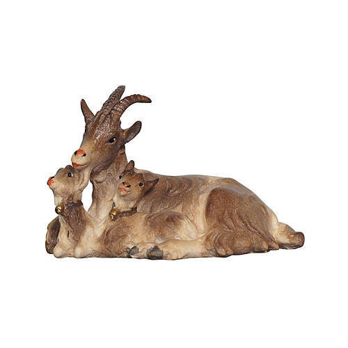 Cabra deitada e dois cabritos madeira colorida 9,5 cm presépio Mahlknecht Val Gardena 2