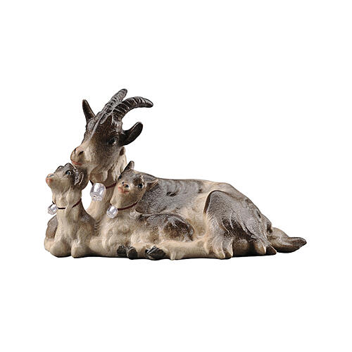 Chèvre allongée avec 2 chevreaux pour crèche Mahlknecht 12 cm en bois peint Val Gardena 1