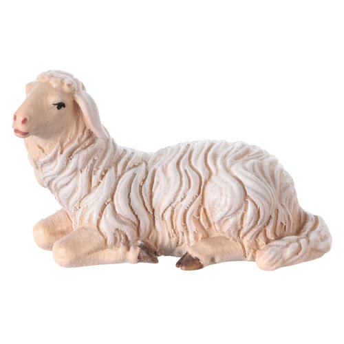 Mouton allongé tête à gauche figurine 12 cm pour crèche Mahlknecht bois peint Val Gardena 1