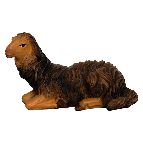 Mouton noir couché tête à gauche 9,5 cm crèche Mahlknecht bois peint Val Gardena 1