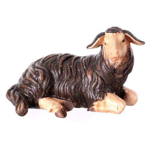 Pecora nera sdraiata testa a destra 9,5 cm presepe Mahlknecht legno dipinto Val Gardena 1