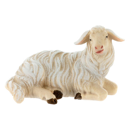 Lying sheep, head to the right, painted wood, 12 cm Mahlknecht Nativity Scene, Val Gardena 1