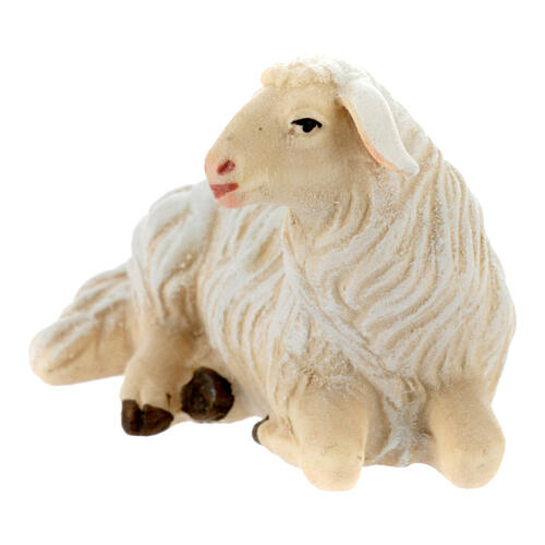 Mouton allongé tête à droite figurine 12 cm pour crèche Mahlknecht bois peint Val Gardena 2