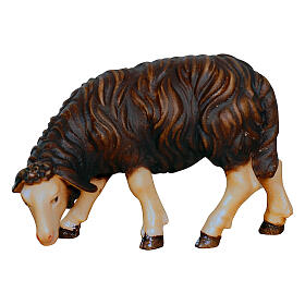 Black sheep eating head to the left, 9.5 cm Mahlknecht painted wood Val Gardena nativity scene