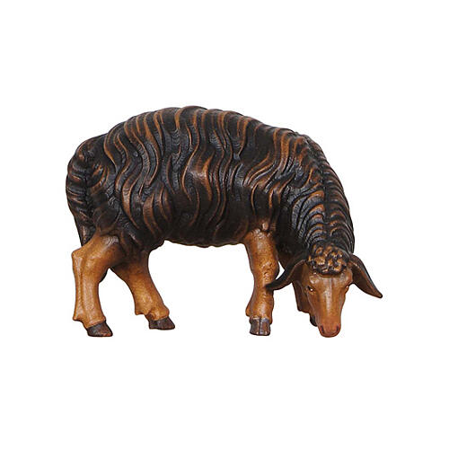 Mouton noir qui mange tête à droite 9,5 cm crèche Mahlknecht Val Gardena figurine bois peint 1