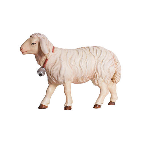 Mouton qui marche avec cloche 9,5 cm crèche Mahlknecht Val Gardena figurine bois peint 1