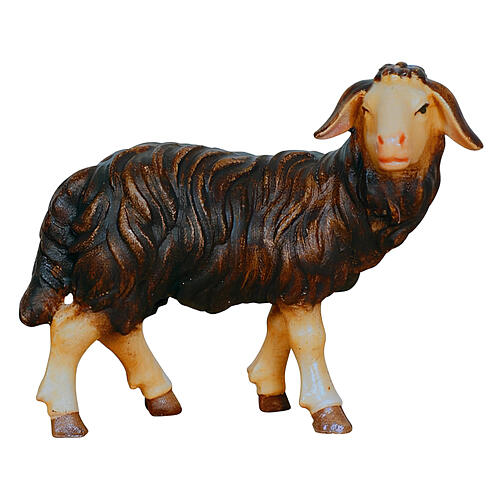 Pecora nera in piedi testa a destra 12 cm legno dipinto presepe Mahlknecht Val Gardena 1