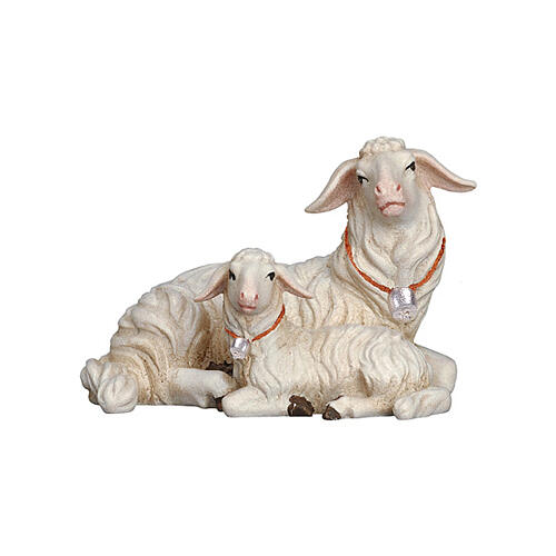 Mouton allongé avec agneau crèche Mahlknecht Val Gardena bois peint 9,5 cm 1