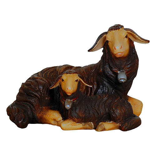 Lying black sheep with lamb for 12 cm painted wood Mahlknecht Nativity Scene, Val Gardena 1