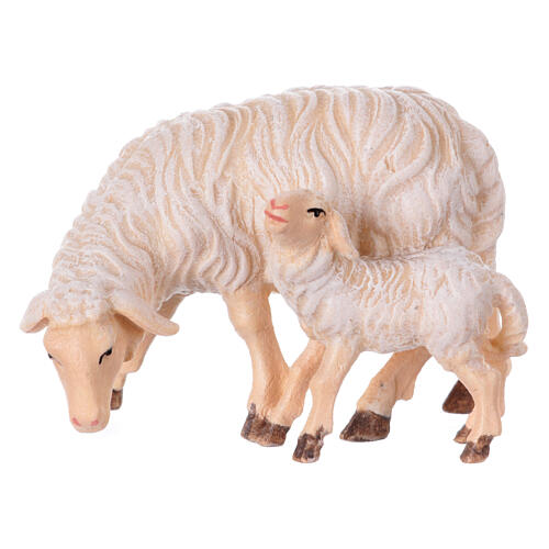 Mouton qui broute avec agneau crèche Mahlknecht Val Gardena bois peint 9,5 cm 1