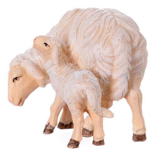 Mouton qui broute avec agneau crèche Mahlknecht Val Gardena bois peint 9,5 cm 4