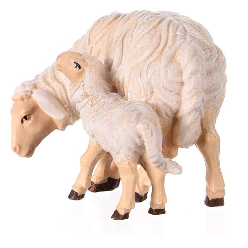 Mouton qui broute avec agneau crèche Mahlknecht Val Gardena 12 cm bois peint 2