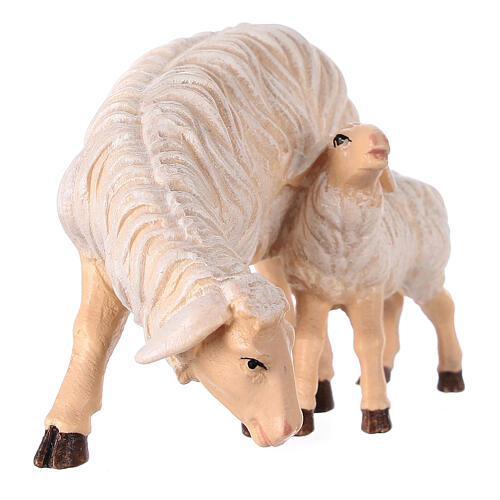 Mouton qui broute avec agneau crèche Mahlknecht Val Gardena 12 cm bois peint 3