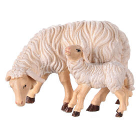 Pecora che mangia con agnello 12 cm legno dipinto presepe Mahlknecht Val Gardena