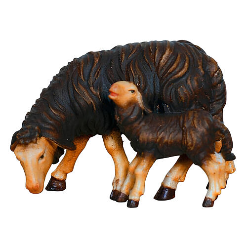 Schwarzes Schaf fressend mit Lamm, Mahlknecht, für 12 cm Krippe, handbemalt – Grödnertal 1