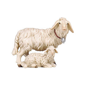 Sheep with bell and lying lamb, painted wood Mahlknecht Nativity Scene of 9.5 cm, Val Gardena