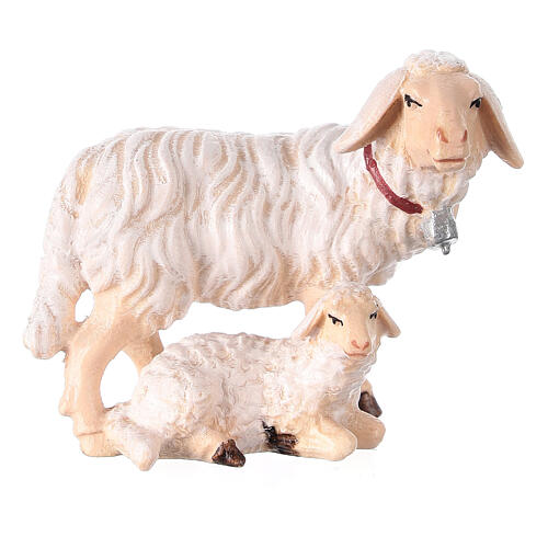 Sheep with bell and lying lamb, painted wood Mahlknecht Nativity Scene of 9.5 cm, Val Gardena 1